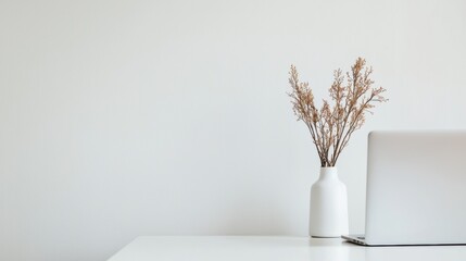 Aufkleber - Minimalist white desk with laptop and dried flowers promoting tranquility and focus