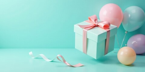 Poster - A light teal gift box with a pink ribbon floats near pastel balloons on a mint background