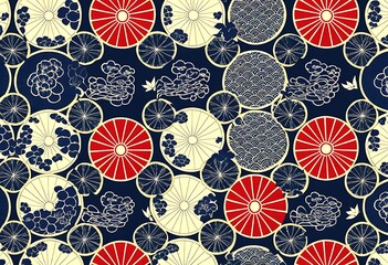 Poster - Vibrant Japanese-inspired pattern with circles and floral motifs. A repeating pattern featuring large circles of varying shades of (navy blue/cream/red/and gold)