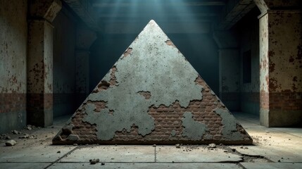 Aufkleber - A weathered triangular structure stands in a dilapidated building's interior, bathed in ethereal light