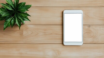 Aufkleber - White smartphone with blank screen lying on wooden desk next to potted plant