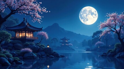 Poster - Serene moonlit landscape with tranquil pagodas nestled amongst blossoming trees and a calm lake
