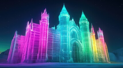 Wall Mural - Illuminated ice palace glowing in vibrant colors at night, no people, ample copy space for text