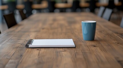 Poster - Notebook and blue mug resting on wooden table in cozy workspace