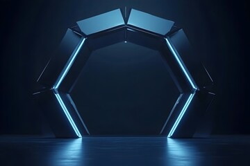 Poster - Abstract Octagonal Neon Gate, Futuristic Portal, Blue Glow, 3D Render