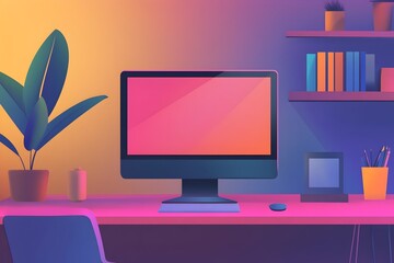 Poster - Modern Home Office Desk Setup with Computer, Plants, and Books