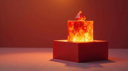 Poster - Illuminated Cube with a Pyramid Top on a Red Platform