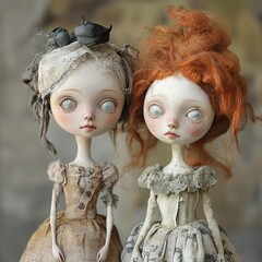 Whimsical Portrait of Two Exquisite Handmade Dolls