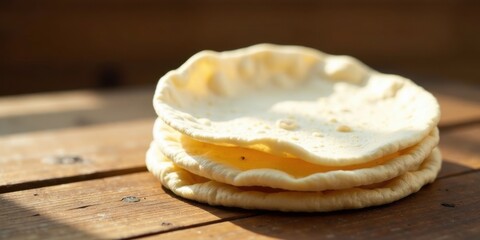 Aufkleber - Sunlit Stack of Three Soft Flatbreads on Rustic Wooden Surface