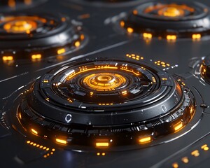 Poster - Close-up of futuristic, glowing, circular tech interface.