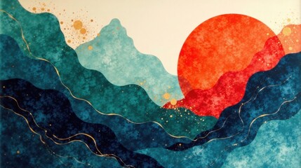 Poster - Abstract Watercolor Landscape with Golden Accents and a Vibrant Sunset
