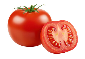 Poster - Whole fresh red tomato and a halved tomato showing juicy interior and seeds, isolated on white background