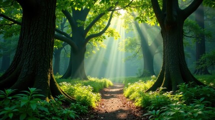 Poster - Sunbeams Illuminate a Mystical Forest Path, Leading Through Lush Greenery and Ancient Trees