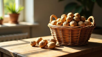 Poster - Sunlit Harvest A wicker basket overflowing with walnuts sits on a rustic wooden table, bathed in warm sunlight, accompanied by several nuts scattered nearby.