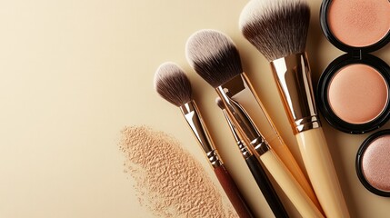 still life arrangement of makeup brushes beige background