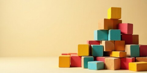 Poster - Colorful Wooden Blocks Arranged in a Pyramid Shape on a Beige Background