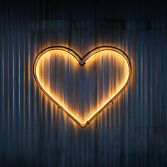 Wall Mural - led lights tubes in the shape of a heart, over a clean and sleek metallic dark wall. The lighting is soft and bright