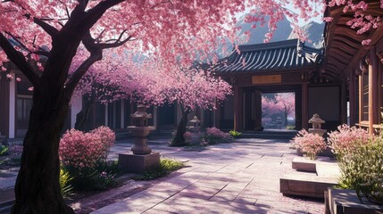 Wall Mural - Vibrant pink sakura branches arching over a quiet temple courtyard, no people, with clear copy space