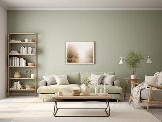 Modern minimalist scandinavian style living room with sage walls and light sage coach and artwork on the wall.