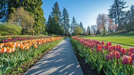 Wall Mural - Wide-angle view of tulip garden pathways lined with colorful flowers, no people, ample copy space for design