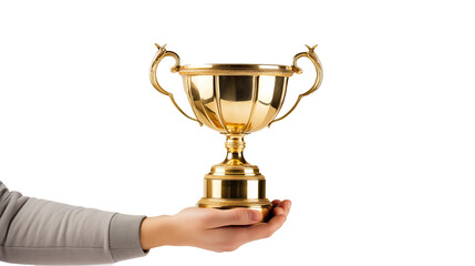 Close-up of a hand holding a shiny gold trophy isolated on a plain background, symbolizing success, achievement, or victory	