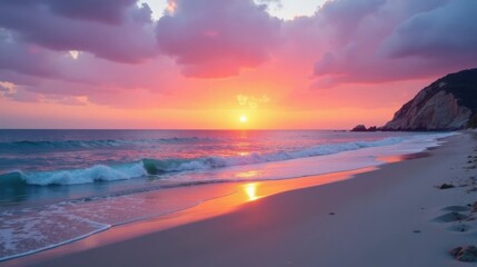 Poster - Serene Coastal Sunset Pink Hues Paint the Ocean and Sandy Shore