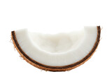 Coconut slice with visible white flesh and brown outer shell, isolated on white background