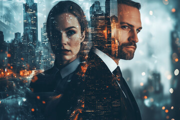 Aufkleber - man and woman are standing in front of a city skyline. The man is wearing a suit and tie, and the woman is wearing a dress. The image is a poster for a movie or a TV show