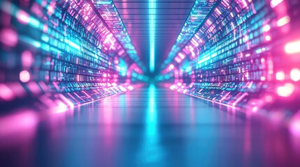 Poster - Matrix abstract background concept. Futuristic tunnel illuminated with vibrant neon lights and reflections.