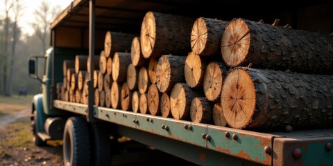 Poster - Rustic truck bed filled with freshly cut logs at sunset
