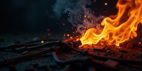 Poster - Fiery Inferno Engulfing Metal Pipes and Fittings in Dark Surroundings