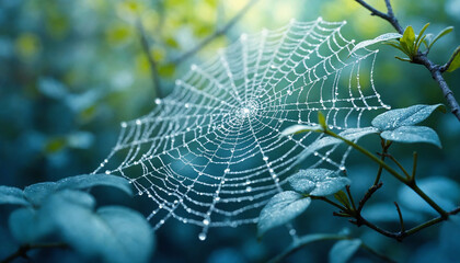 crystal dewdrops on intricate spider web in teal and green tones