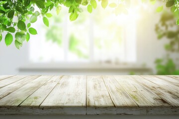 Wall Mural - Sunny Room, Wooden Table, Green Leaves, Spring Background, Product Display