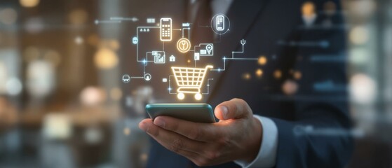 E-commerce or online shopping concept. Businessman using application on smartphone and internet network technology to be shopping online marketplace. Shopping cart hologram, Digital Marketing.