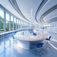 Poster - Innovative research-oriented classroom design futuristic educational setting interior space bright and open environment wide-angle perspective collaboration focus
