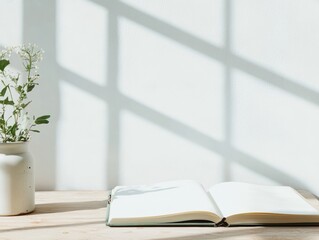 Leinwandbilder - Elegant Open Notebook with Calligraphy and Soft Window Light on Wooden Surface