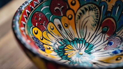 Wall Mural - Close-up of a vibrant, hand-painted ceramic bowl with intricate floral designs.