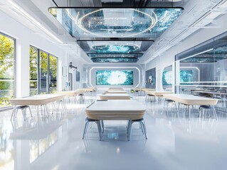 Poster - Futuristic classroom lifestyle featuring advanced learning spaces modern educational environment innovative design bright and spacious classroom immersive learning experience