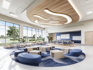 Poster - Innovative collaborative learning environment in a futuristic classroom modern school interior design bright and open space wide-angle view educational concept