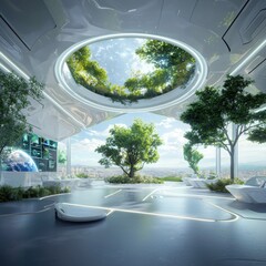 Poster - Futuristic classroom program incorporating gamification innovative learning environment modern education urban setting immersive experience technology integration