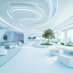 Poster - Futuristic classroom strategy emphasizing policy support innovative learning environment educational technology bright and spacious design modern viewpoint future-oriented concept