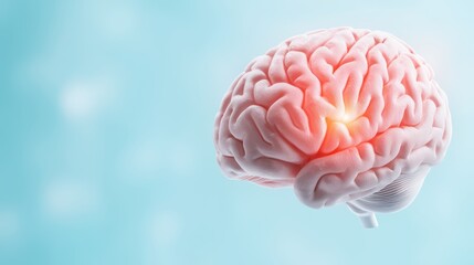 Poster - Human Brain with Luminescent Area on Blue Background