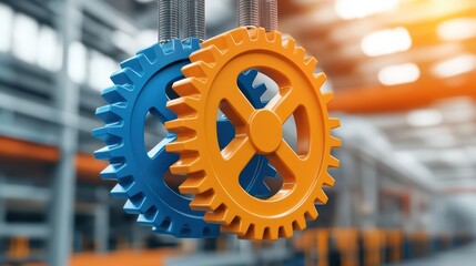 Poster - Bright Blue and Orange Gears in Industrial Workshop Environment
