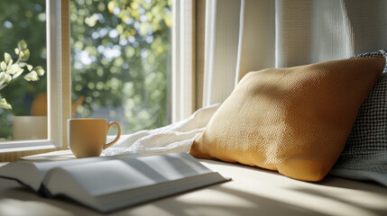 Wall Mural - cozy reading nook with warm pillow, open book, and sunlight streaming through window creates peaceful atmosphere