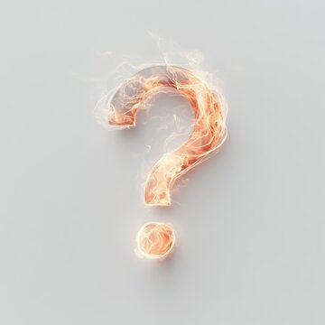 A bright glowing question mark radiating light, isolated on a clean white background, symbolizing mystery and curiosity.