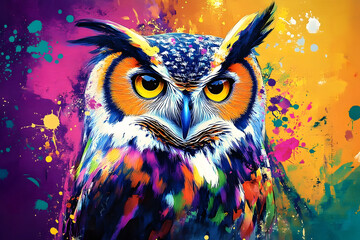 Leinwandbilder - A colorful, artistic depiction of an owl with vibrant splashes of paint.
