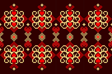 Wall Mural - Cross Stitch pattern with Floral Designs. Traditional cross stitch needlework. Geometric Ethnic pattern, Embroidery, Textile ornamentation, fabric, Hand stitched pattern, Cultural stitching pixel art.