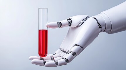Poster - Robotic Hand Holding Test Tube with Red Liquid for Science Concept