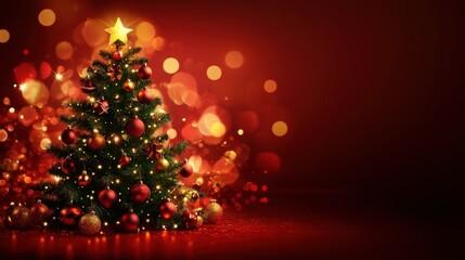 Wall Mural - A glowing Christmas tree with sparkling lights and ornaments against a festive red background with bokeh effects.