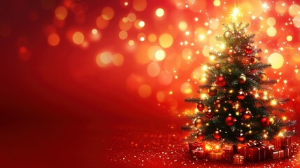 Wall Mural - A glowing Christmas tree with sparkling lights and ornaments against a festive red background with bokeh effects.